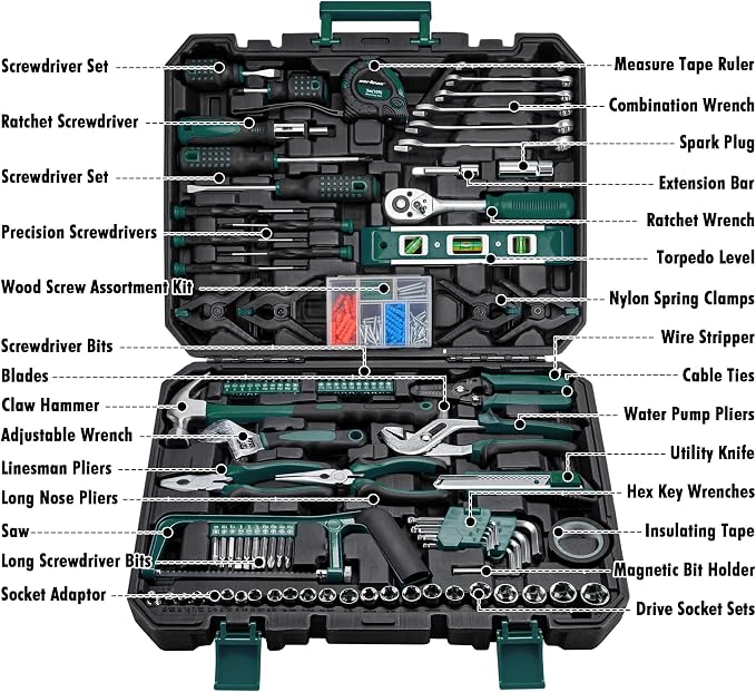 CARTMAN 238-Piece Tool Set with Socket Wrench & Auto Repair Tools Mixed General Household Hand Tool Kit, Green Plastic Toolbox Storage Case Comprehensive DIY, Home & Car Maintenance