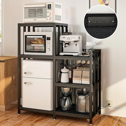 METYERRY 6-Tier Adjustable Mini Fridge Cabinet With Power Outlet,Kitchen Bakers Rack With storage,Mini Fridge And Microwave Stand,Coffee Bar, Free Standing Shelf for Kitchen, Home Office,Balcony,Black
