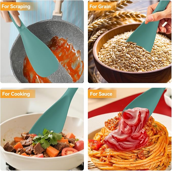 12.6" Extra Long Silicone Spatula Spoon for Nonstick Cookware, Seamless One-Piece Design Cooking Spoon with Built-in Tool Rest for Mixing, Scoop and Scrape, Dishwasher Safe, Black & Aqua Sky