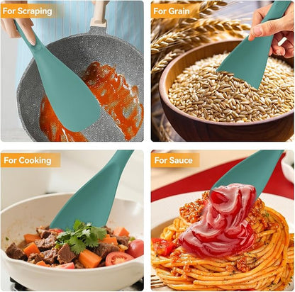 12.6" Extra Long Silicone Spatula Spoon for Nonstick Cookware, Seamless One-Piece Design Cooking Spoon with Built-in Tool Rest for Mixing, Scoop and Scrape, Dishwasher Safe, Black & Aqua Sky