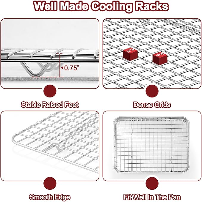 TeamFar Stainless Steel Baking Sheet with Rack Set, 17.6/16/12.5 Inch Cookie Sheets Baking Pans and Cooling Racks for Cooking Serving, Non-Toxic & Heavy Duty, Dishwasher Safe, 6 PCS (3 Pans + 3 Racks)
