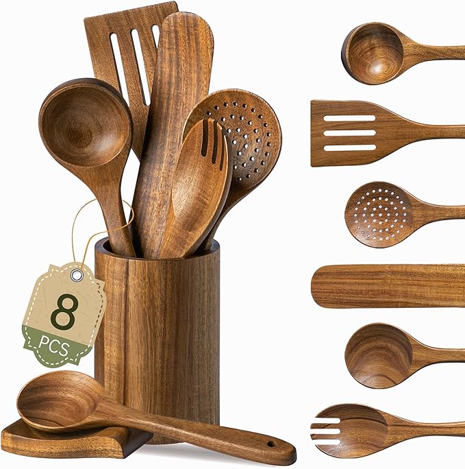 Wooden Utensil Set 8 PCS - Natural Non-Toxic Acacia Wooden Spoons for Cooking, Nonstick, Sturdy,Easy to Clean, Wood Kitchen Utensils Set with Holder, Spoon Rest, Ideal for Gifting