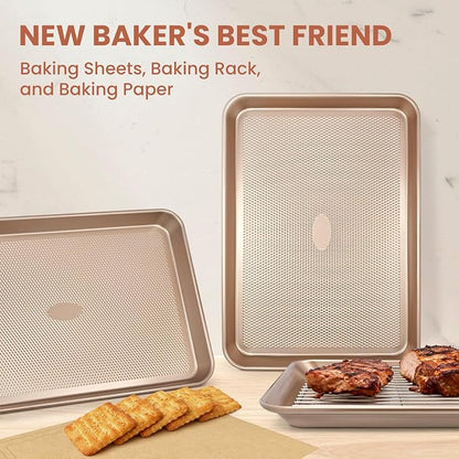 Heavy Duty Baking Sheet with Wire Rack Set, Thickened Carbon Steel pan 17.5"x11.8" with Cooling Rack, Nonstick Baking Pan Warp Resistant, 50 Parchment Sheets for Baking Cookie, Roasting Veggie & Bacon