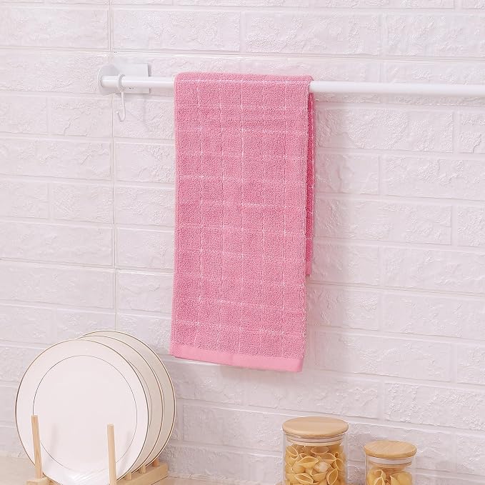 Mordimy 100% Cotton Terry Cloth Kitchen Towels, Super Soft and Absorbent Dish Towels for Drying, Checkered Designed Hand Towels for Kitchen, 13 x 28 Inches, 4 Pack, Pink