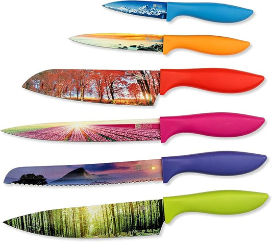 CHEF'S VISION Landscape Kitchen Knife Set – 6-Piece Stainless Steel Knives with Non-Stick Coating, Dishwasher Safe, Nature Design, Unique Gift for Nature Lovers
