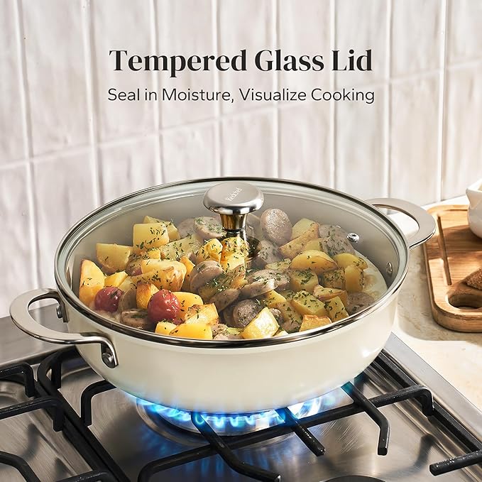 Redchef Ceramic Stock Pot, 4 QT Soup Pot with lid, Induction Stockpot Cooking Pot for All Stoves, Braiser Nonstick Rondeau Pot, Even Heating, Stay Cool Handle, Oven/Dishwasher Safe, PFAS Free (Beige)