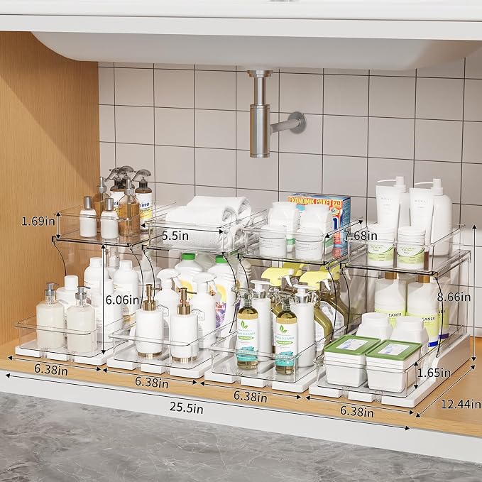 Jsyrjing Pull Out Spice Rack, 2 Tier Clear Cabinet Organizer for Kitchen and Bathroom Storage, Rotating Pantry Organizer and Makeup Organizer for Drawer, Durable Design, 2 Pack Under Sink Organizer