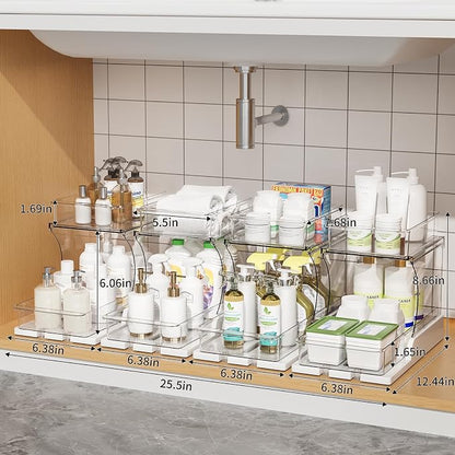Jsyrjing Pull Out Spice Rack, 2 Tier Clear Cabinet Organizer for Kitchen and Bathroom Storage, Rotating Pantry Organizer and Makeup Organizer for Drawer, Durable Design, 2 Pack Under Sink Organizer