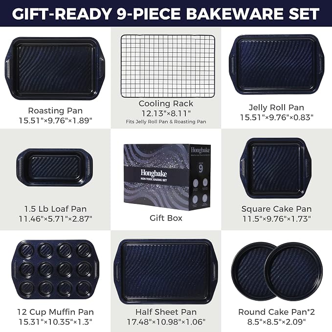HONGBAKE 9-Piece Nonstick Bakeware Set, Wave Texture for Easy Release, 0.8mm Thick Non-Toxic Baking Pans Set, Includes Stackable Cookie Sheets, Shimmer Blue