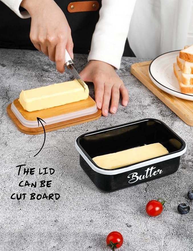 Butter Dish with Lid for Countertop, AISBUGUR Metal Butter Keeper with Stainless Steel Multipurpose Butter Knife, Butter Container with Double High-quality Silicone Good Kitchen Gift Set of 2 Black
