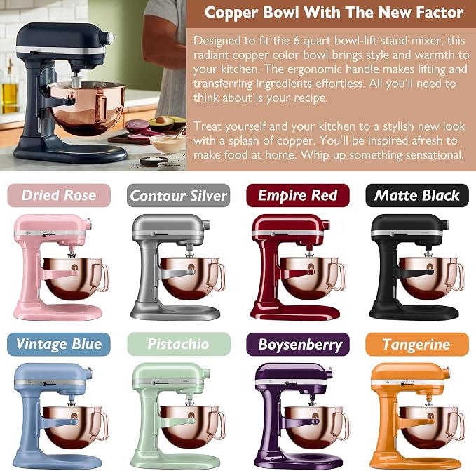 Copper Color Stainless Steel 6 Quart Mixing Bowl for Kitchen Aid Professional Bowl Lift Stand Mixer, Heavy Duty Extra Mixer Bowl fits KP26, KB26, Dishwasher Safe, Ergonomic Handle, Silicone Scraper