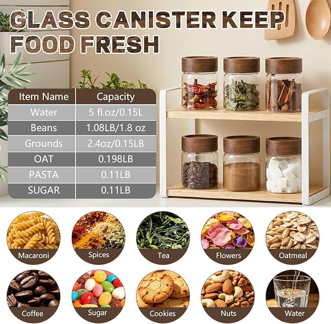 5oz Glass Spice Mason Jars with Screw Wood Lid 6 pcs Airtight Small Glass Jars Seasoning Herb Containers Food Storage Canister for Sugar Coffee Bean Ground Candy Salt Overnight Oat (5oz/150ml*6)