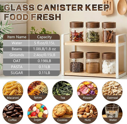 5oz Glass Spice Mason Jars with Screw Wood Lid 6 pcs Airtight Small Glass Jars Seasoning Herb Containers Food Storage Canister for Sugar Coffee Bean Ground Candy Salt Overnight Oat (5oz/150ml*6)