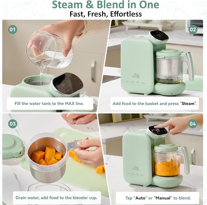 Chefhandy Baby Food Maker with Stainless Steel Steam Basket | 5-in-1 Baby Food Processor, Steamer & Blender for Homemade Baby Food, BPA-Free, 6 Reusable Pouches, Ideal for Newborns & Infants, Green