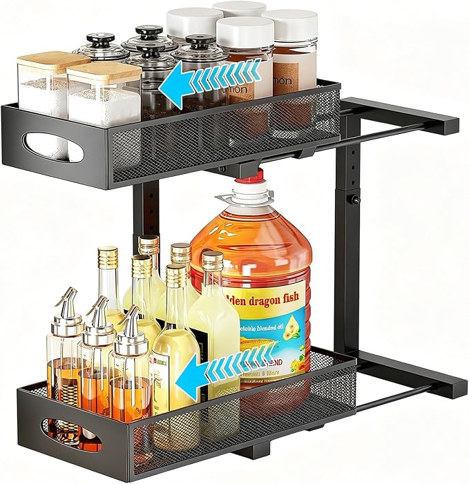 Under Sink Organizer, 2-Tier Pull Out Baskets, Black | Rustproof carbon steel, 2 tier mesh sliding drawers, Height adjustable to bypass pipes, For kitchen, bathroom, laundry