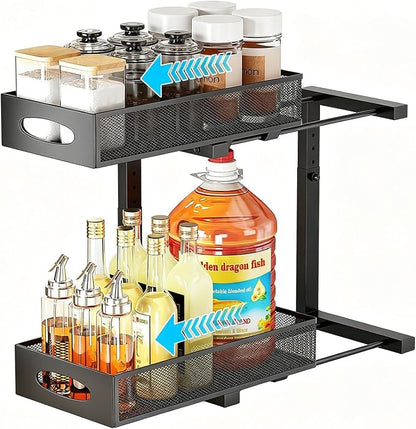 Under Sink Organizer, 2-Tier Pull Out Baskets, Black | Rustproof carbon steel, 2 tier mesh sliding drawers, Height adjustable to bypass pipes, For kitchen, bathroom, laundry