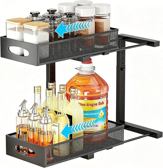 Under Sink Organizer, 2-Tier Pull Out Baskets, Black | Rustproof carbon steel, 2 tier mesh sliding drawers, Height adjustable to bypass pipes, For kitchen, bathroom, laundry