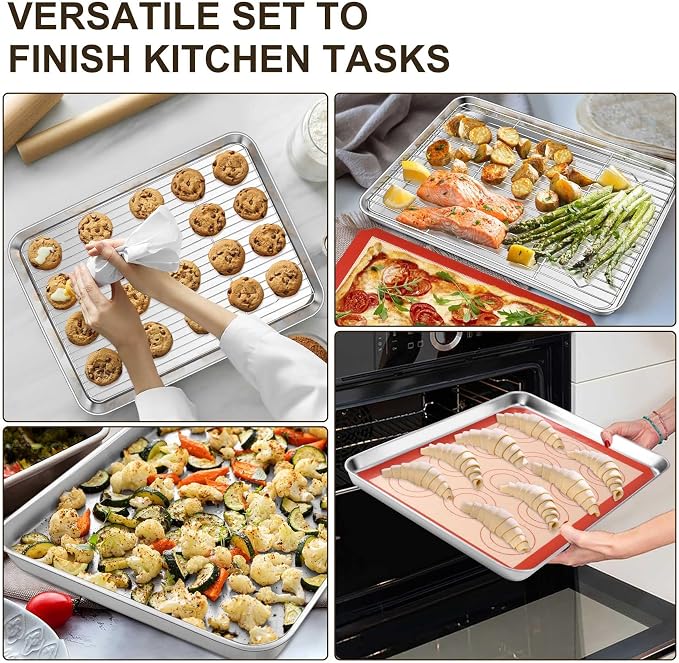 TeamFar Stainless Steel Baking Sheet, 16inch Baking Pans Cookie Sheets for Baking with Cooling Rack & Silicone Baking Mat - 2 Sheet Pans + 2 Roasting Racks + 2 Silicone Mats, Non Toxic, Easy Clean