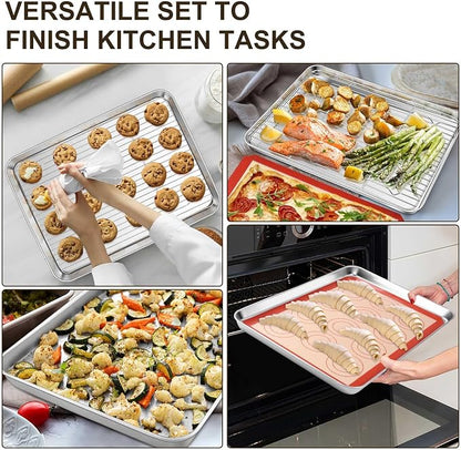 TeamFar Stainless Steel Baking Sheet, 16inch Baking Pans Cookie Sheets for Baking with Cooling Rack & Silicone Baking Mat - 2 Sheet Pans + 2 Roasting Racks + 2 Silicone Mats, Non Toxic, Easy Clean