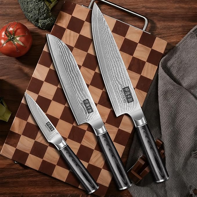 MDHAND Kitchen Knife Set, 3PCS Professional Chef Knife Set, VG10 Steel Knife Set with Pakkawood Handle, Ultra Sharp Knives Set for Cooking, Including Chef, Santoku & Paring Knife, Gifts for Men Women