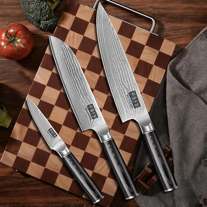 MDHAND Kitchen Knife Set, 3PCS Professional Chef Knife Set, VG10 Steel Knife Set with Pakkawood Handle, Ultra Sharp Knives Set for Cooking, Including Chef, Santoku & Paring Knife, Gifts for Men Women