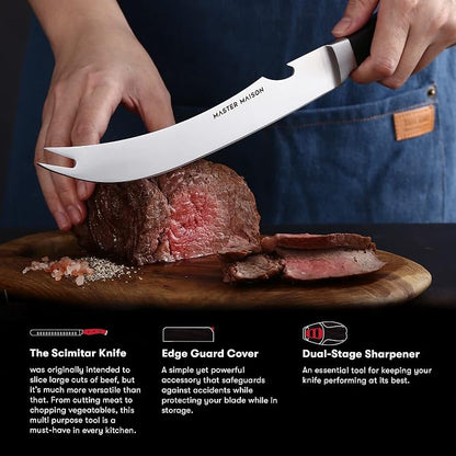 Master Maison 9" Professional Stainless Steel Scimitar Knife Set with Dual Sharpener, Knife Sheath - Professional Knife Set- Sharp Butcher Knife, Meat Knife, Kitchen Knife - Perfect for Meat Cutting