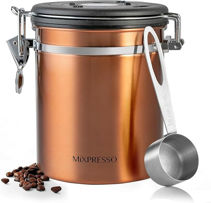 Mixpresso Copper 16 Oz Stainless Steel Coffee Canister with Scoop – Airtight Coffee Container with CO2 Valve for Bean Storage, Date Tracker Lid