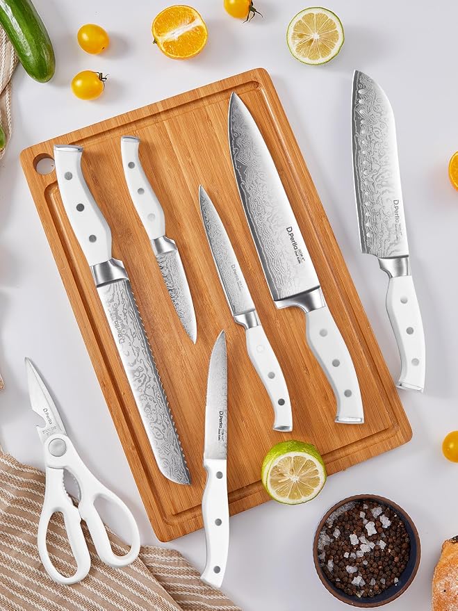 Knife Set, D.Perlla 15 Pieces Kitchen Knife Set with Built-in Sharpener, High Carbon Stainless Steel Kitchen Knife Block Set with Unique Waved Pattern, Non-slip Handle, White