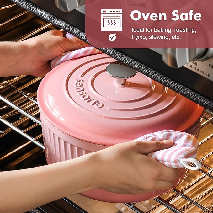 SENSARTE Enameled Cast Iron Dutch Oven Pot with Lid 3.5/5.5/6.5 Quart Heavy-Duty Round Dual Handles Kitchen Pot with Cotton Potholders & Silicone Trivet, Pot for Bread Baking, Stews, Braising, Roasting, Oven Safe, 3.5 Quart, Pink
