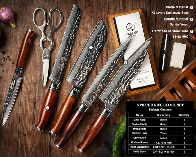 YARENH Kitchen Knife Set, 8 Piece Professional Damascus Chef Knives, Sharp High Carbon Stainless Steel Blade, 73 Layers, Full Tang, Dalbergia Wood Handle, Walnut Wooden Block and Sharpener Stone