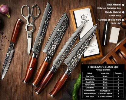 YARENH Kitchen Knife Set, 8 Piece Professional Damascus Chef Knives, Sharp High Carbon Stainless Steel Blade, 73 Layers, Full Tang, Dalbergia Wood Handle, Walnut Wooden Block and Sharpener Stone