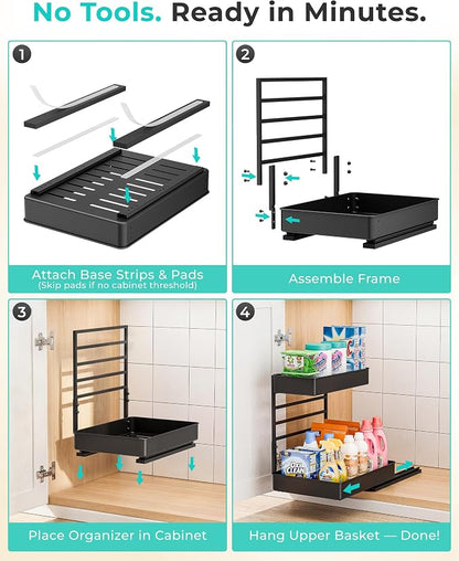 EVERIE Metal Pull Out Slide Shelf Organizer for Under Sink Organization in Kitchen, Bathroom, Counter, Cabinets, Minimum Available Space 13" Wide x 16.5" Deep (Black, 1 Set)