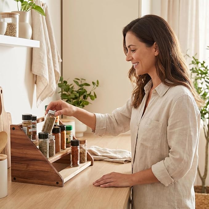 Acacia Wooden Spice Rack Organizer for Cabinet Wood Spice Shelf Organizer for Kitchen Pantry Storage Organizer 3 Tier Countertop
