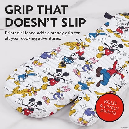 Disney Silicone Oven Mitts Heat Resistant – Set of 2 Long Cuff Cotton Kitchen Mitts with Silicone Grip Stripes, Cute Oven Mitts & Pot Holders for Cooking, Baking & Kitchen Essentials –Mickey & Friends