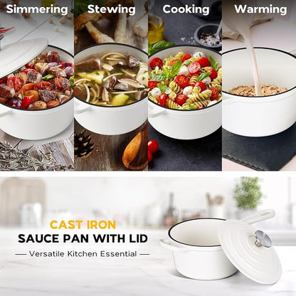 Onader 1QT & 2QT Saucepan Set with Lid, Enameled Cast Iron Small Pot Sets for Cooking, Nonstick Enameled Sauce Pan Dutch Oven, Induction Compatible, Heavy Duty – White