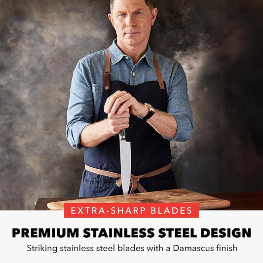 GreenPan x Bobby Flay 3 Piece Knife Set, Pairing Utility & Chef’s Knife, Premium Stainless Steel Blades, Precision Cutting Kitchen Tools, Hand Finished Ergonomic Wood Handle, Damascus Steel Design