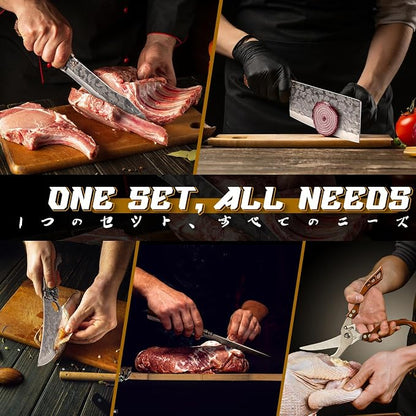 Purple Dragon Butcher Knife Set Tiger-Head, 8 PCS Japanese Chef Knife Set with Roll Bag, Meat Cleaver Boning Viking Knives, Sharp Kitchen Knives for Home, Outdoor, Camping BBQ Christmas Gift for Men