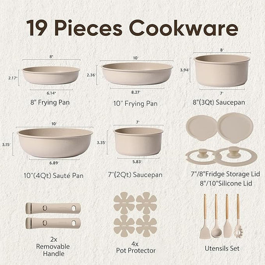 CAROTE 19pcs Pots and Pans Set Non Stick, Nonstick Cookware Set Detachable Handle, Induction Kitchen Cooking Sets with Removable Handle, RV Kitchen, Oven Safe, Taupe