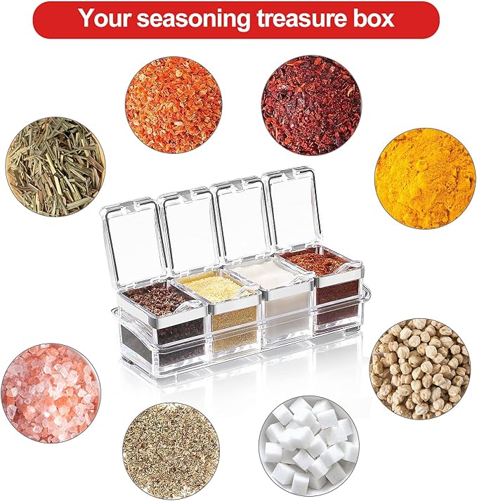 Acrylic Seasoning Box Set, 4 Piece Clear Premium Quality Storage Rack Spice Pots Condiment Jars for Salt Sugar Cruet Kitchen Organization Containers with Cover and Spoon