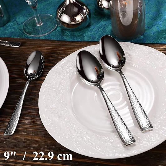 KEAWELL Premium Louis Hammered Serving Utensils, 18/10 Stainless Steel, Squared Edge Design, Mirror Finish, Dishwasher Safe (Serving Spoons, Set of 4)