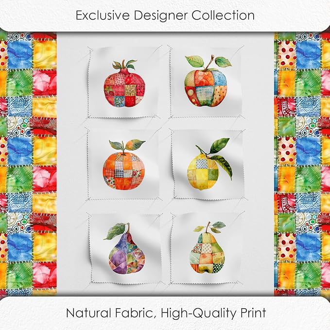 Fruit Patchwork Cotton Fabric Panel – 6 Fruit Designs (10×10 inch Each) + Bonus Patchwork Sheet 29.5×19.6 inch, 100% Cotton 140 GSM