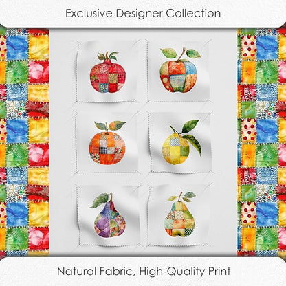Fruit Patchwork Cotton Fabric Panel – 6 Fruit Designs (10×10 inch Each) + Bonus Patchwork Sheet 29.5×19.6 inch, 100% Cotton 140 GSM