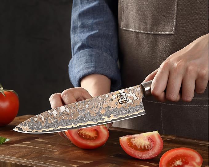 zayiko Damascus Chef Knife 8.8 Inch, VG10 Core Kitchen Knife for Meat, Fish & Vegetables, 67-Layer Copper Damascus Steel, Maple Root Wood Handle, Wooden Gift Box