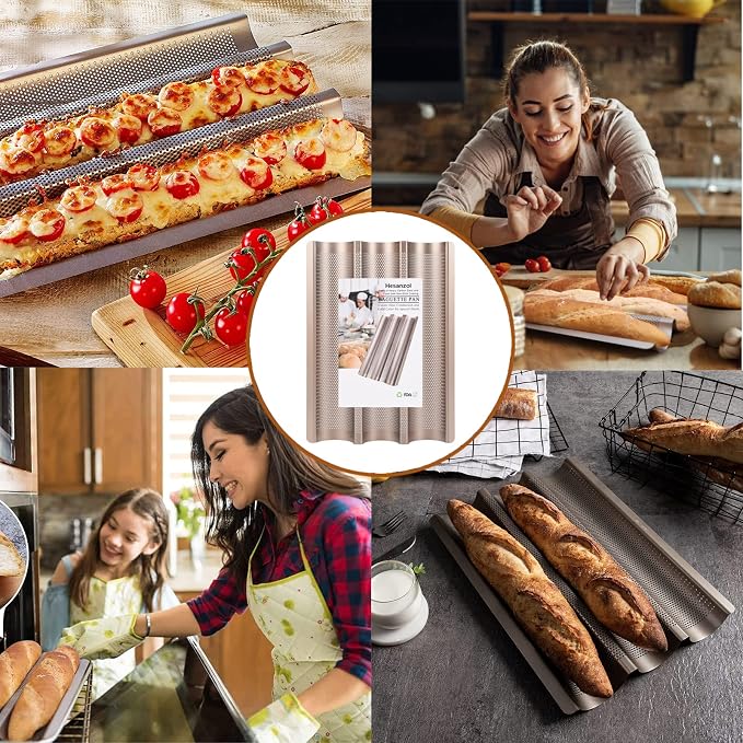 Baguette Pans for Baking 15" x 11", Carbon Steel 3 Loaf Nonstick Baguette Baking Tray for French & Italian Perforated French Bread Pan (2pack - Gold)
