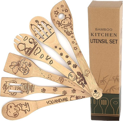 Bejky 6-Pcs Wooden Bamboo Spoons Set - Organic Food Cooking Utensils - Kitchen Accessories and Home Decor - Cookware Gifts for Women - Nonstick Easy Wash Spatulas - 3D Engraved Patterns (Cartoon Dog)