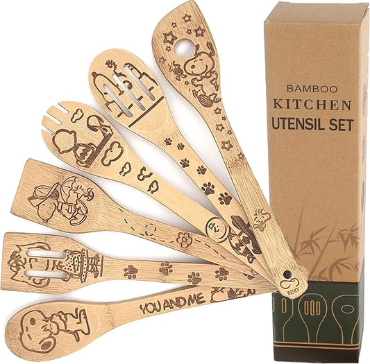 Bejky 6-Pcs Wooden Bamboo Spoons Set - Organic Food Cooking Utensils - Kitchen Accessories and Home Decor - Cookware Gifts for Women - Nonstick Easy Wash Spatulas - 3D Engraved Patterns (Cartoon Dog)