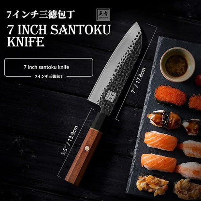 ENOKING Japanese Santoku Knife, 7 Inch Chef Knife 5 Layer 9CR18MOV Clad Steel for Meat Cutting, Super Sharp Kitchen Cooking Knife with Ebony Bolster African Rosewood Handle -Wooden Box