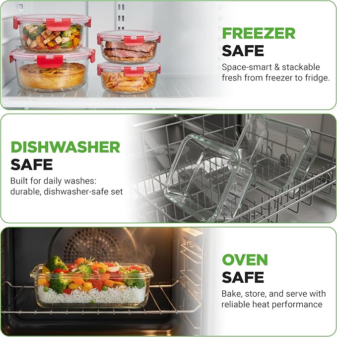 NutriChef 24-Piece Glass Food Storage Containers with Lids - 12 Stackable Heavy Duty Meal Prep Containers w/ 12 Airtight Lids - Microwave, Freezer, & Dishwasher Safe for Food, Snacks, & Fruit-(Red)