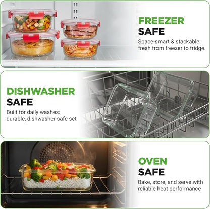 NutriChef 24-Piece Glass Food Storage Containers with Lids - 12 Stackable Heavy Duty Meal Prep Containers w/ 12 Airtight Lids - Microwave, Freezer, & Dishwasher Safe for Food, Snacks, & Fruit-(Red)