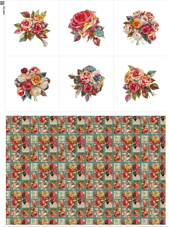 Vintage Rose Patchwork Cotton Fabric Panel – 6 Floral Designs (10×10 inch Each) + Bonus Patchwork Sheet 29.5×19.6 inch, 100% Cotton 140 GSM